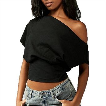 Women's Off-Shoulder Crop Top - Summer Short Sleeve Modal T-Shirt, Solid Color Slim Fit Casual Top