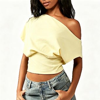 Women's Off-Shoulder Crop Top - Summer Short Sleeve Modal T-Shirt, Solid Color Slim Fit Casual Top