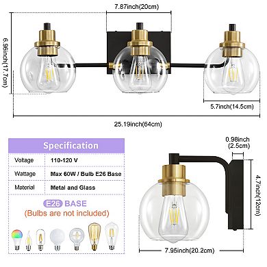 POWLIG Modern Vanity Light - 25" Bathroom and Bedroom Mirror Light with Clear Glass Shade