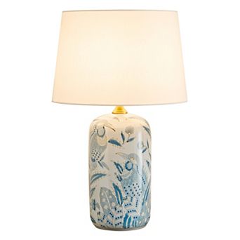POWLIG Modern Blue Glazed Ceramic Table Lamp with Floral Bird Pattern and Linen Shade Bedroom Decor