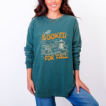 All Booked For Fall - Women's Garment Dyed Long Sleeve Graphic T-Shirt