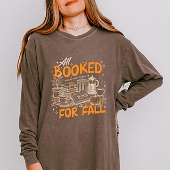 All Booked For Fall - Women's Garment Dyed Long Sleeve Graphic T-Shirt