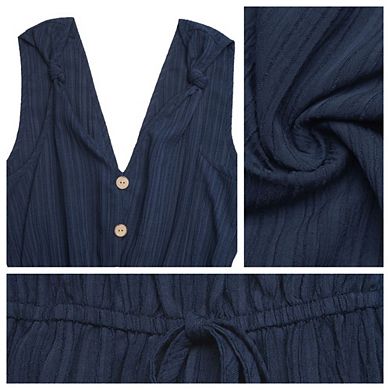 Women's Sleeveless V Neck Romper Spaghetti Strap Button Front Drawstring Waist Pocket Short Jumpsuit