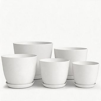 5 Pack White Plastic Plant Pots with Drainage Holes, Mixed Sizes
