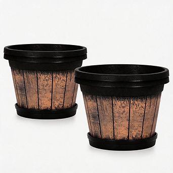 3 Pack 9 Inch Brown Barrel Style Plant Pots with Drainage & Saucer