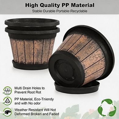 3 Pack 9 Inch Brown Barrel Style Plant Pots with Drainage & Saucer