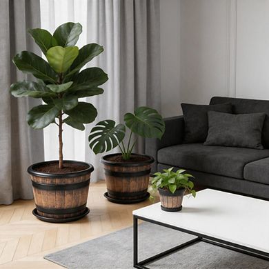 3 Pack 9 Inch Brown Barrel Style Plant Pots with Drainage & Saucer