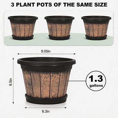 3 Pack 9 Inch Brown Barrel Style Plant Pots with Drainage & Saucer