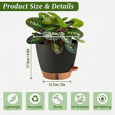 2 Pack 8 Inch Black Self Watering Plant Pots with Water Level Indicator