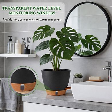 2 Pack 8 Inch Black Self Watering Plant Pots with Water Level Indicator