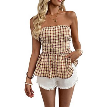Women's Plaid Strapless Tube Top, Ruched Waist Flared Hem Back Cutout Sleeveless Peplum Camisole