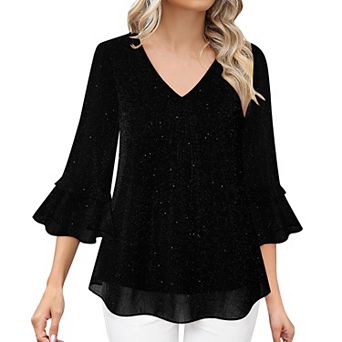 Women's Double Layer Glitter Mesh Blouse, V Neck 3/4 tier d Bell Sleeve Loose Fit Office Tunic Top