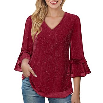 Women's Double Layer Glitter Mesh Blouse, V Neck 3/4 tier d Bell Sleeve Loose Fit Office Tunic Top