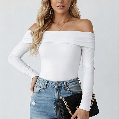 Women's Off Shoulder Long Sleeve Top, Fold Over Neck Stretch Fitted Layering Solid Knit T Shirt