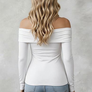 Women's Off Shoulder Long Sleeve Top, Fold Over Neck Stretch Fitted Layering Solid Knit T Shirt