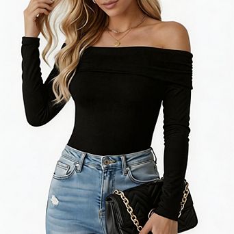 Women's Off Shoulder Long Sleeve Top, Fold Over Neck Stretch Fitted Layering Solid Knit T Shirt