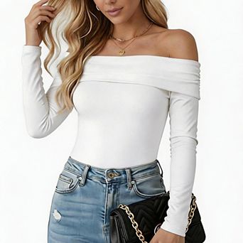 Women's Off Shoulder Long Sleeve Top, Fold Over Neck Stretch Fitted Layering Solid Knit T Shirt