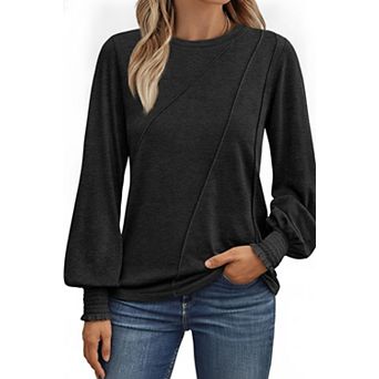 Womens Business Casual Long Sleeve Shirts Pleated Crew Neck Loose Fit Tunic Blouse Tops
