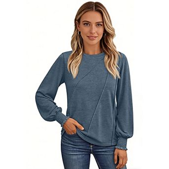 Womens Business Casual Long Sleeve Shirts Pleated Crew Neck Loose Fit Tunic Blouse Tops