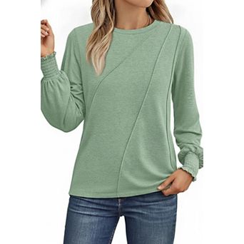 Womens Business Casual Long Sleeve Shirts Pleated Crew Neck Loose Fit Tunic Blouse Tops