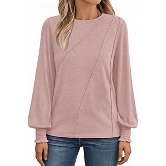 Womens Business Casual Long Sleeve Shirts Pleated Crew Neck Loose Fit Tunic Blouse Tops