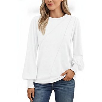 Womens Business Casual Long Sleeve Shirts Pleated Crew Neck Loose Fit Tunic Blouse Tops