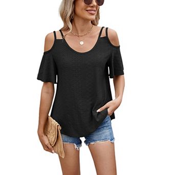 Womens Summer Cold Shoulder Tops T Shirts Cut Out Short Sleeve V Neck Blouses Shirt