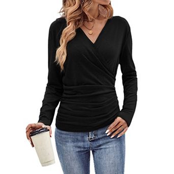 Womens Long Sleeve Blouses Dressy Casual Wrap V Neck Ruched Tops Office Work Shirt