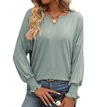 Womens Long Sleeve Textured Blouses Dressy Casual V Neck Tunic T-Shirts Top Fall Outfits