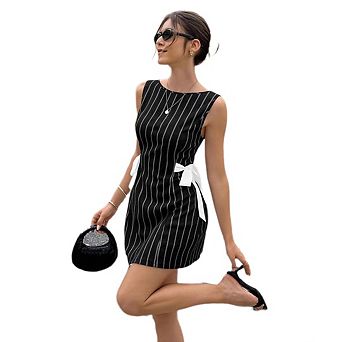 Women's Sleeveless Fitted Double sided Bow Knot Sleeveless Boat Neck Fitted Short Dress