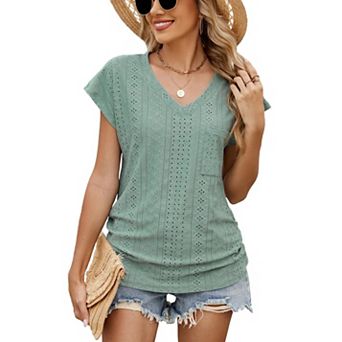Womens Summer Tops V Neck Cap Sleeve Loose Fit Tee Shirts Causal Ruched Eyelet Blouse