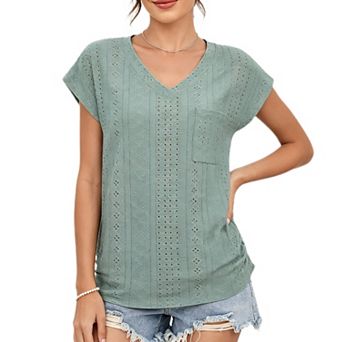 Womens Summer Tops V Neck Cap Sleeve Loose Fit Tee Shirts Causal Ruched Eyelet Blouse