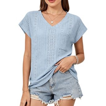 Womens Summer Tops V Neck Cap Sleeve Loose Fit Tee Shirts Causal Ruched Eyelet Blouse