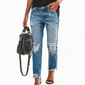 Women Wash Distressed Ripped Straight Leg Jeans Frayed Raw Hem High Waist Casual Denim Pants