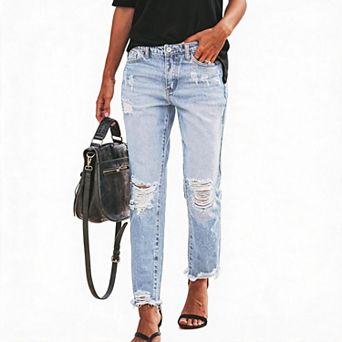 Women Wash Distressed Ripped Straight Leg Jeans Frayed Raw Hem High Waist Casual Denim Pants