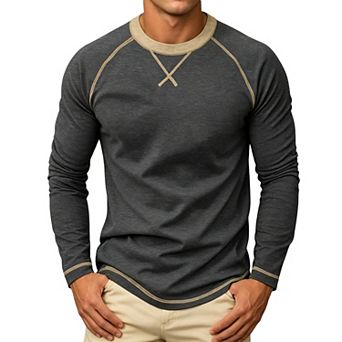 Mens Contrast Raglan Long Sleeve T Shirts Crew Neck Casual Basic Tops