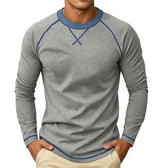 Mens Contrast Raglan Long Sleeve T Shirts Crew Neck Casual Basic Tops