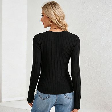 Women's Lace V Neck Ribbed Knit Top, Long Sleeve Fitted Layering Blouse