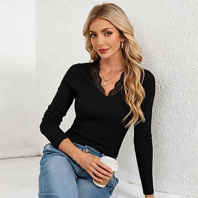 Women's Lace V Neck Ribbed Knit Top, Long Sleeve Fitted Layering Blouse