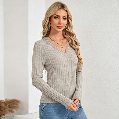Women's Lace V Neck Ribbed Knit Top, Long Sleeve Fitted Layering Blouse