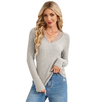 Women's Lace V Neck Ribbed Knit Top, Long Sleeve Fitted Layering Blouse