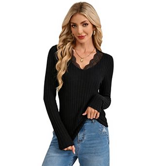 Women's Lace V Neck Ribbed Knit Top, Long Sleeve Fitted Layering Blouse