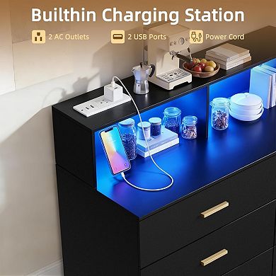 Storage Cabinet with Power Outlets and LED Light, Coffee Bar Cabinet with 6 Drawers