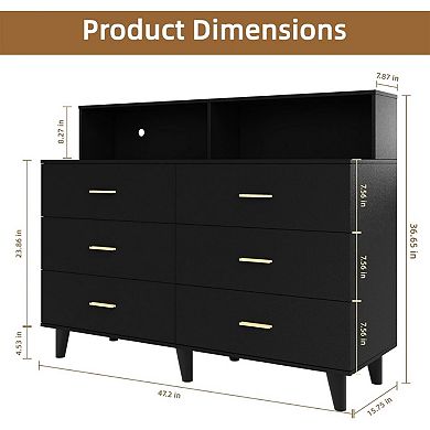 Storage Cabinet with Power Outlets and LED Light, Coffee Bar Cabinet with 6 Drawers