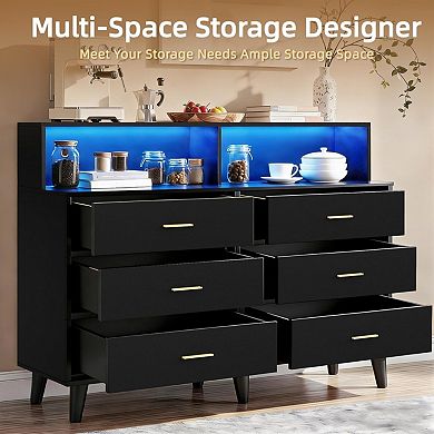 Storage Cabinet with Power Outlets and LED Light, Coffee Bar Cabinet with 6 Drawers