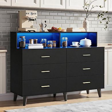 Storage Cabinet with Power Outlets and LED Light, Coffee Bar Cabinet with 6 Drawers