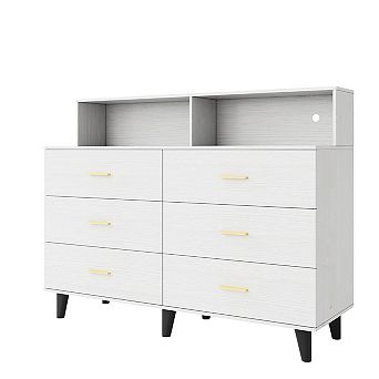 Storage Cabinet with Power Outlets and LED Light, Coffee Bar Cabinet with 6 Drawers