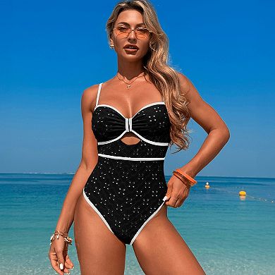 Womens One Piece Swimsuit Bow Front Cutout Contrast Trim Tummy Control Bathing Suit