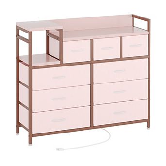 9-Drawer Fabric Dresser with Charging Station Sturdy Iron Frame For Bedroom & Living Room