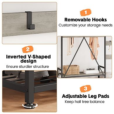 Industrial Hall Tree Coat Rack with Shoe Storage Bench Freestanding Entryway OrganizerMetal Frame